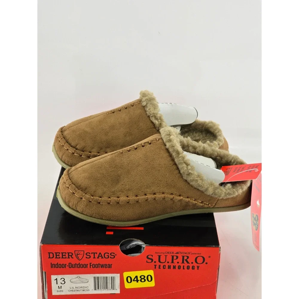 Deer Stags Lil Nordic Kids Size 13 Chestnut Suede Faux Fur Slippers - New